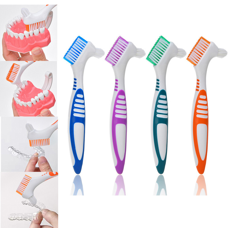 Dual Heads Oral Care เครื่องมือทําความสะอาดฟันปลอมทําความสะอาดแปรงฟันปลอมลื่น Ergonomic ยางจับ Antibiotic Multi-Layered ขนแปรง
