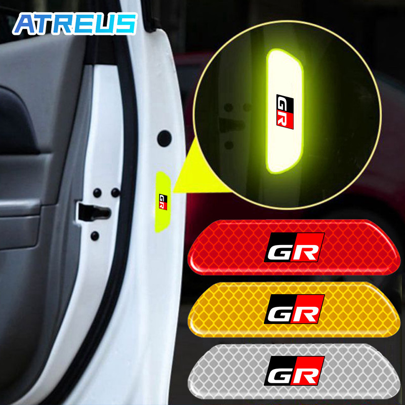 4 ชิ้น Toyota GR รถสติกเกอร์สะท้อนแสงความปลอดภัยคําเตือน Mark สติกเกอร์ประตูรถ Anti Scratch สติกเกอร์ป้องกันสําหรับ Toyota Agya Raize Calya Avanza Veloz Rush Kijang Yaris Corolla Cross