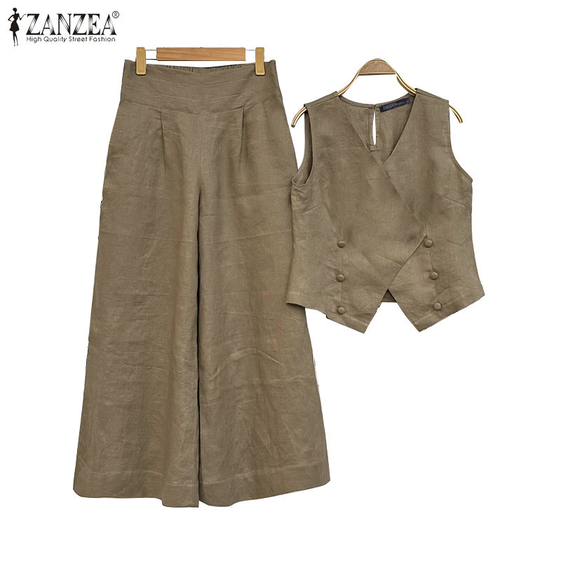 ZANZEA ใส่ ซานเซีย ผู้หญิงแฟชั่นเกาหลีหลวมขากว้างแขนกุดคอวีท็อปส์&กางเกงขายาว