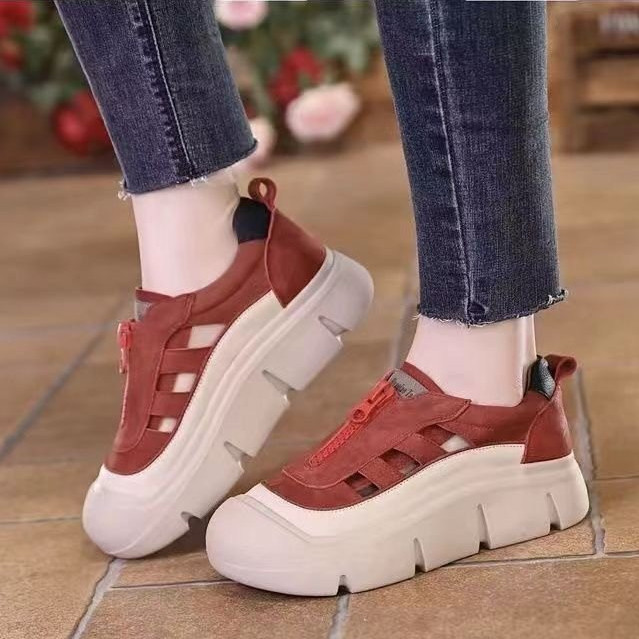 รองเท้าผ้าใบผู้หญิงเกาหลีรุ่นแฟชั่นรอบ Toe Hollow Breathable ด้านหน้าซิป Soft Sole Anti-slip รองเท้าลําลองขนาด 35-40