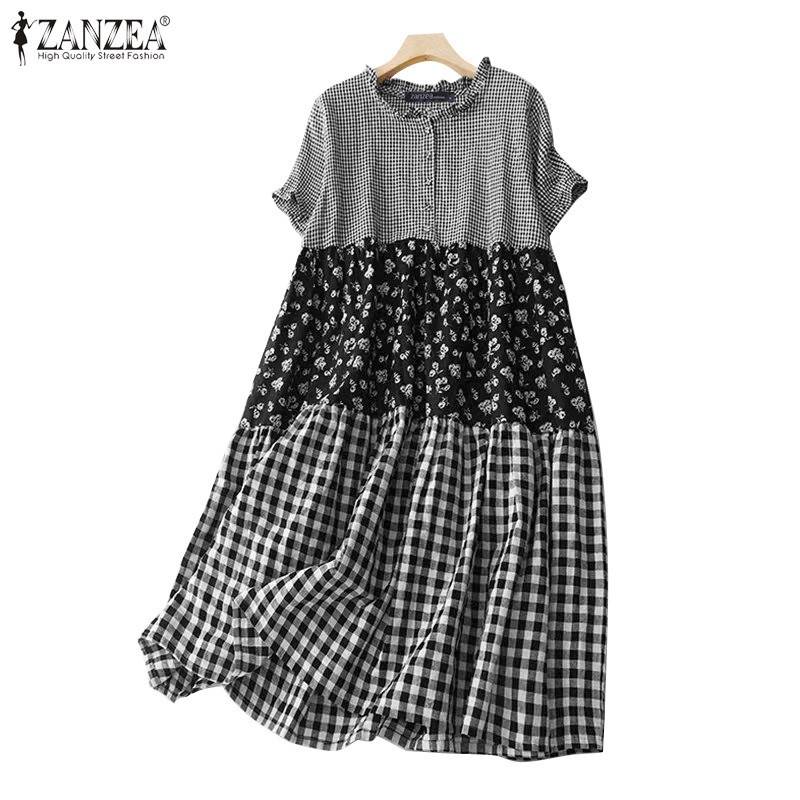 ZANZEA ซานเซีย ผู้หญิงแฟชั่นเกาหลีคอกลมแขนสั้นลายสก๊อตชุดเย็บปะติดปะต่อกัน