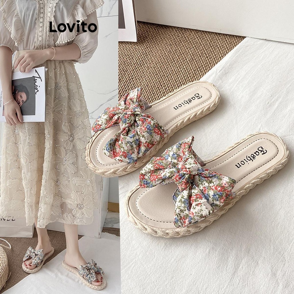 Lovito รองเท้าแตะผู้หญิง สายคาดผูกโบว์ ใส่สบาย สไตล์ลำลอง LFA36391