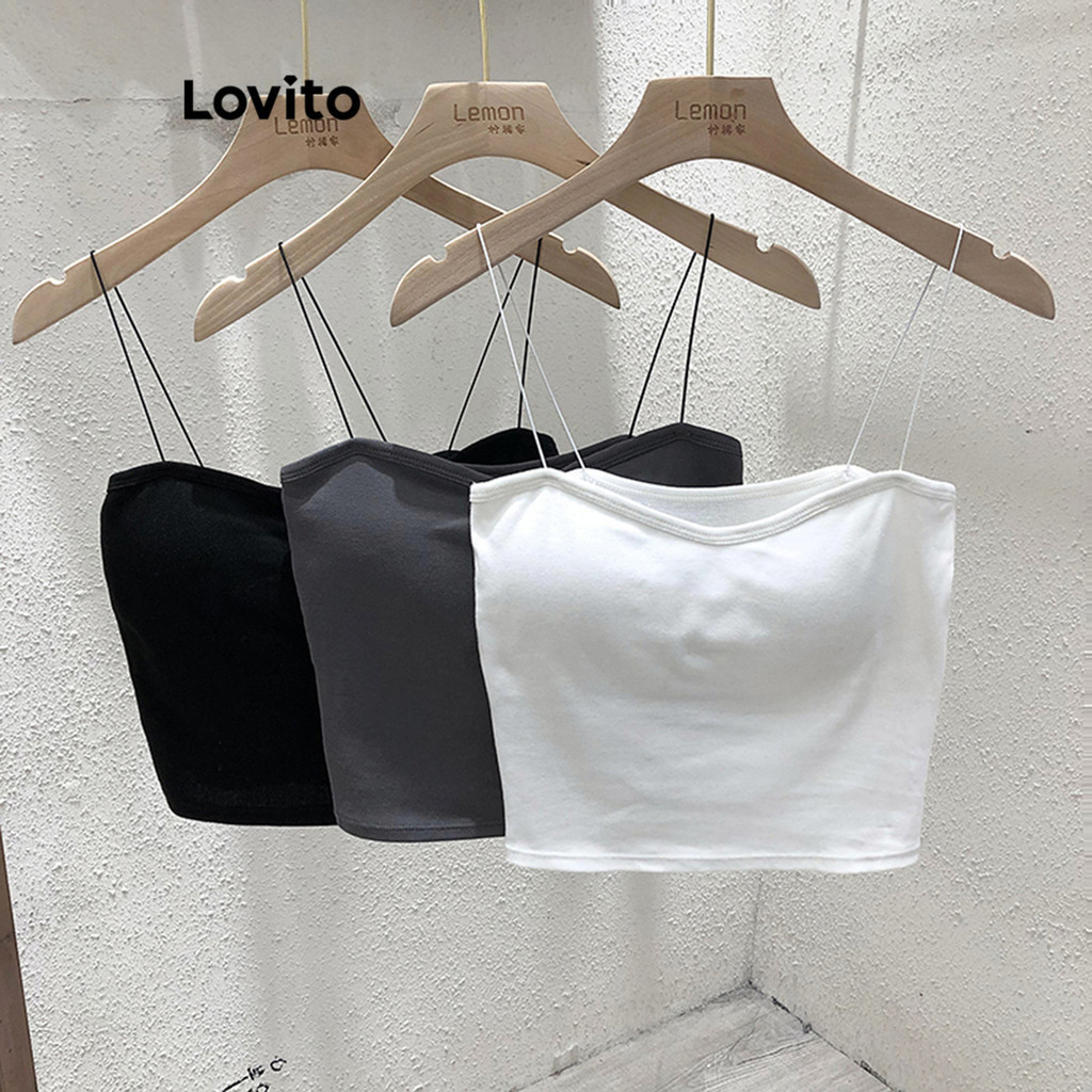Lovito เสื้อสายเดี่ยวผู้หญิง เปิดไหล่ สีพื้น สไตล์ลำลอง LNE35146 (สีเทา/สีขาว/สีดำ)