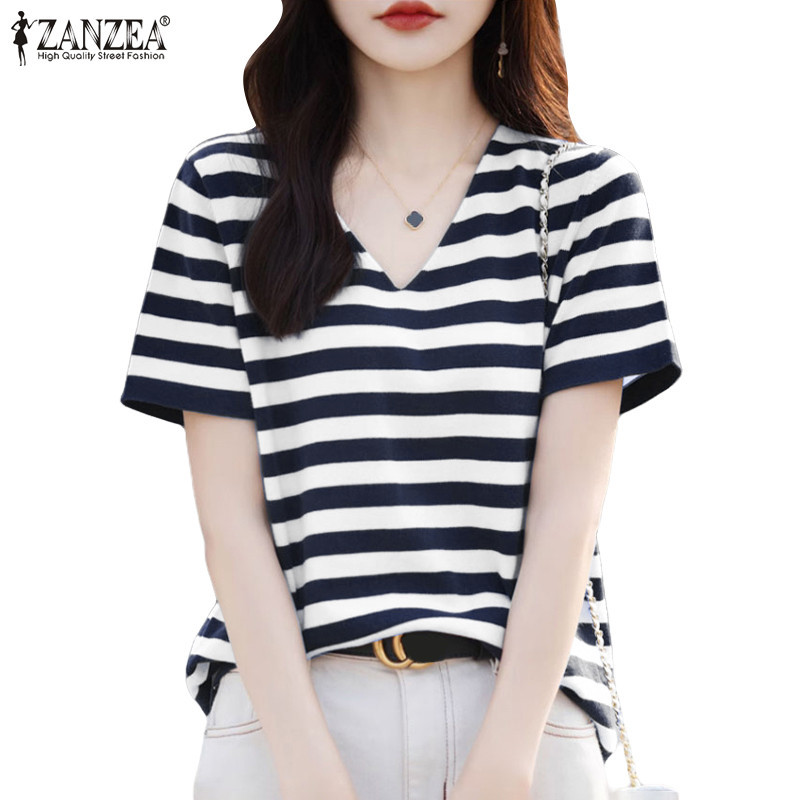 Zanzea เสื้อเบลาส์แขนสั้นคอวีแฟชั่นเกาหลีสําหรับผู้หญิง