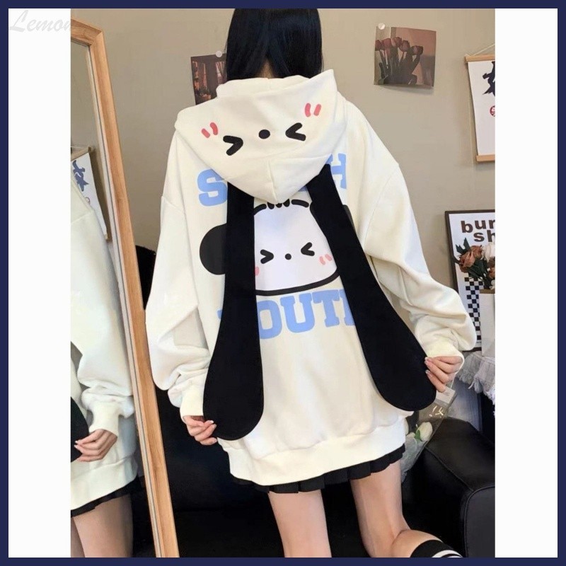 เสื้อแจ็กเก็ตคาร์ดิแกน มีฮู้ด ทรงหลวม ลายการ์ตูนหูกระต่าย ขนาดใหญ่ แฟชั่นฤดูใบไม้ร่วง สําหรับผู้หญิง