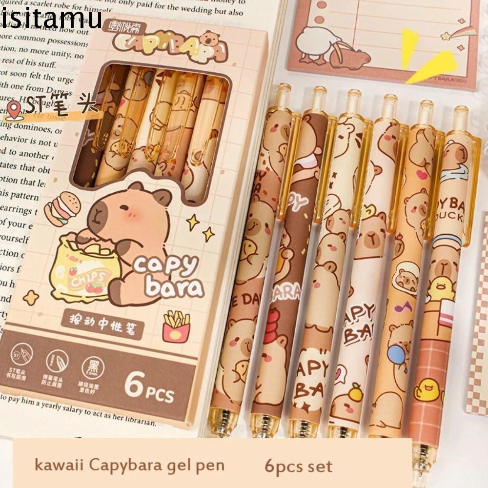 Isitaft 6PCS Capybara ปากกาเจล, การ์ตูน Kawaii น่ารักเขียนปากกา, Creative Aesthetic หมึกสีดํา 0.5 มม.ปากกาเจลนักเรียน