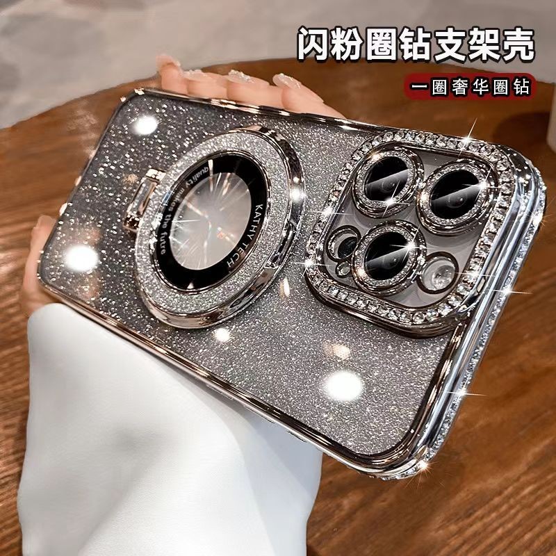 Luxury electroplated edge Diamond Flash powder ขาตั้งแม่เหล็กสําหรับ iPhone15 14 13 12 11 Pro MAX IXS MAX XR XS ปลอกกันกระแทกกล้องป้องกันนุ่มปกหลัง