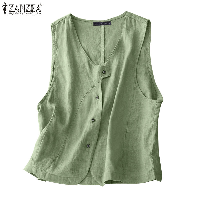 ZANZEA ซานเซีย ผู้หญิงเกาหลีคอวีผิดปกติแยกแขนกุดสีทึบเสื้อกั๊ก