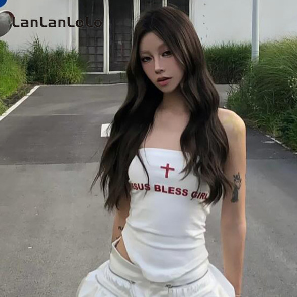 Super SPECIAL LanLanLo ผู้หญิง 2024 พิมพ์แฟชั่นรอบคอแขนกุด Slim Casual All Match Tube Top