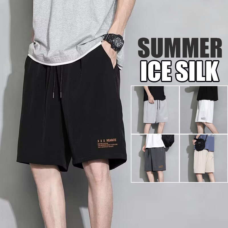 M-5xl ผู้ชายฤดูร้อนผ้าไหมน้ําแข็ง Quick-Dry ลําลองหลวมกีฬา Cool Thin Simple All-match วิ่งฟิตเนส Plus ขนาด Dri-Fit สั้นกางเกงสีเทา/สีดํา/สีขาว/แอปริคอท