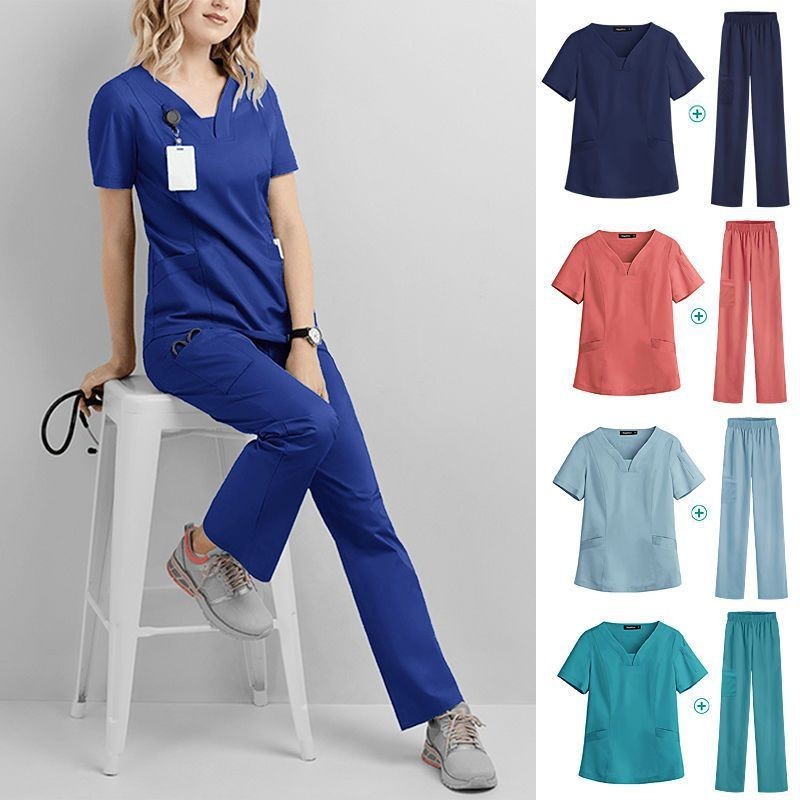NiaaHinn เสื้อ + กางเกง Medical Scrub ชุด Unisex ผู้ชายและผู้หญิงพยาบาลหมอสปาคลินิกทันตกรรม Caregiver ชุดร้านเสริมสวยเสื้อผ้าทํางาน