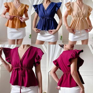 1130-Ruffle Sleeve Cotton crepe Sleeveless V-neck Ribbon very comfy to wear