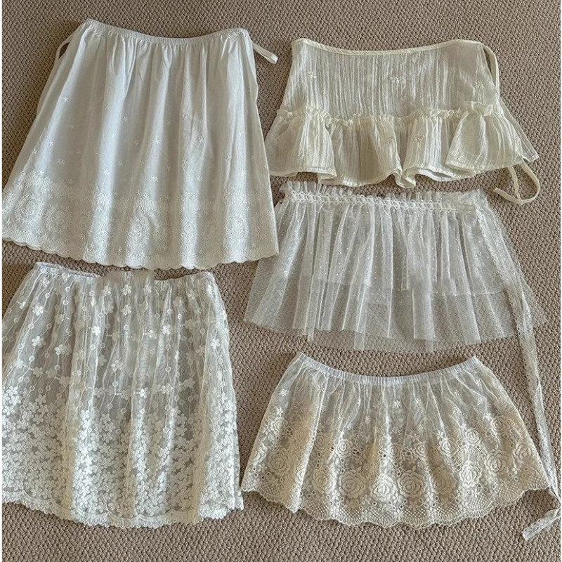 Milyfashio All-Match A-Line กระโปรงสีทึบลูกไม้ตาข่าย Laced-Up ผ้าม่านผายลมหวานกระโปรงครึ่งความยาวอินเทรนด์