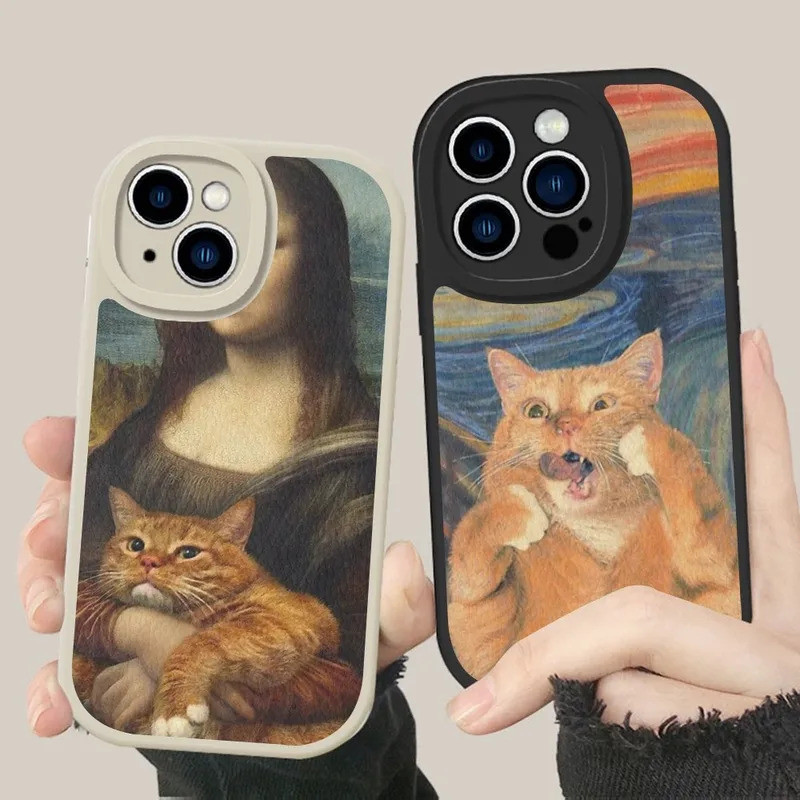 TP-1 Van Gogh Mona Lisa สนุกแมว Art เคสโทรศัพท์หนังสําหรับ iPhone 14 13 12 Mini 11 14 Pro Max Xs X X