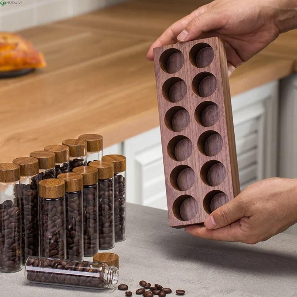 Needway เมล ็ ดกาแฟคอนเทนเนอร ์ , ไม ้ วอลนัทแบบพกพาชาหลอดจอแสดงผล Rack, Espresso อุปกรณ ์ เสริมสะดวกพร ้ อมฝาปิดระบายอากาศหลอดชาขวดกาแฟ Bean Storage