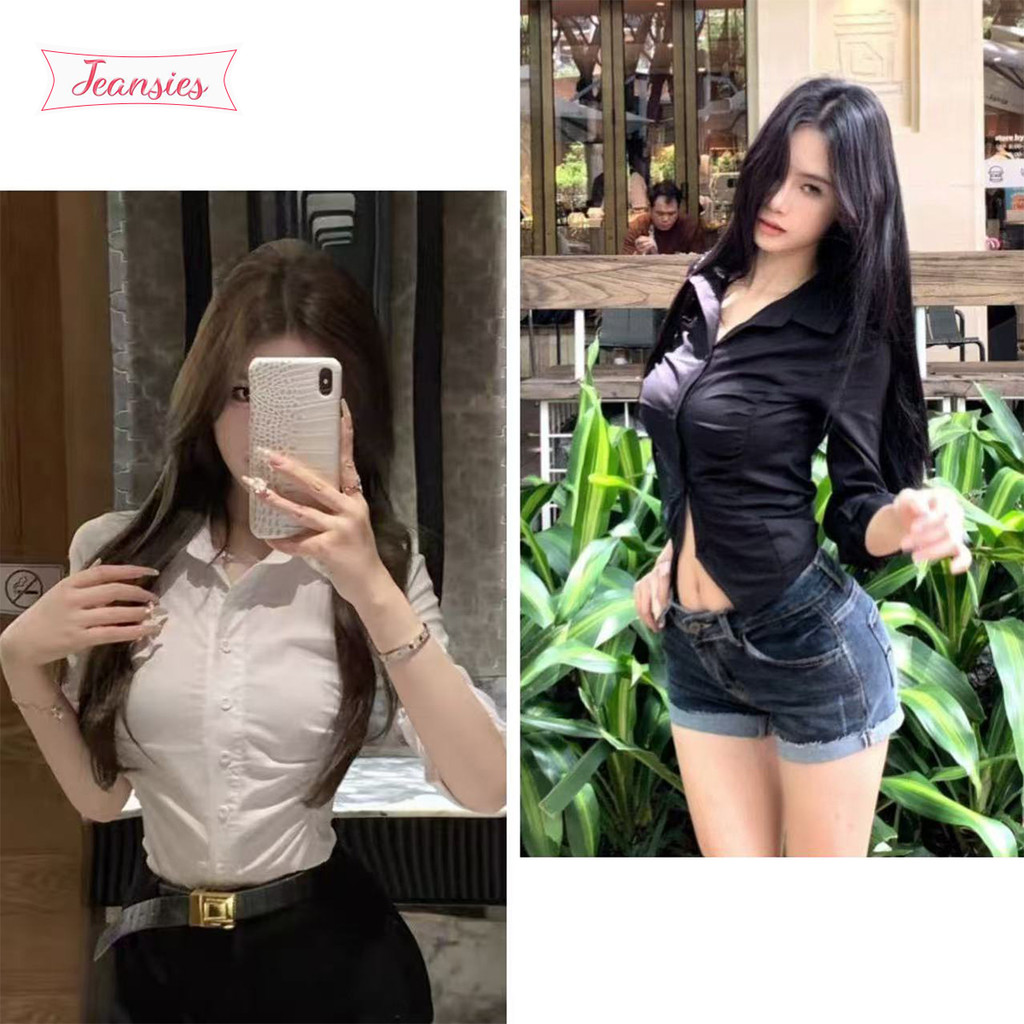 เสื้อเชิ้ตผ้าหรูหราทรงเข้ารูปคอปกแขนยาวสีดำ