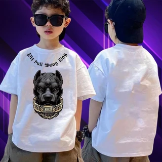 แขนสั้น ผ้าฝ้าย คอกลม สีขาว สีดำ เสื้อวัวชน เสื้อยืดเท่ๆ เสื้อรูปหมา 90-150ซม. อายุ 3-12 ปี