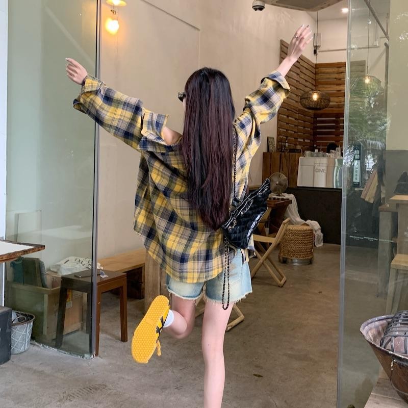 KOKO#เสื้อเชิ้ตผู้หญิงแขนยาวลายสก็อตสีเหลือง เสื้อแจ็คเก็ตเชิ้ตป้องกันแสงแดดฤดูร้อนแบบบาง#w418 ราคา ถูกที่สุด ดีลบีเคเค แกลเลอรีภาพที่ 5