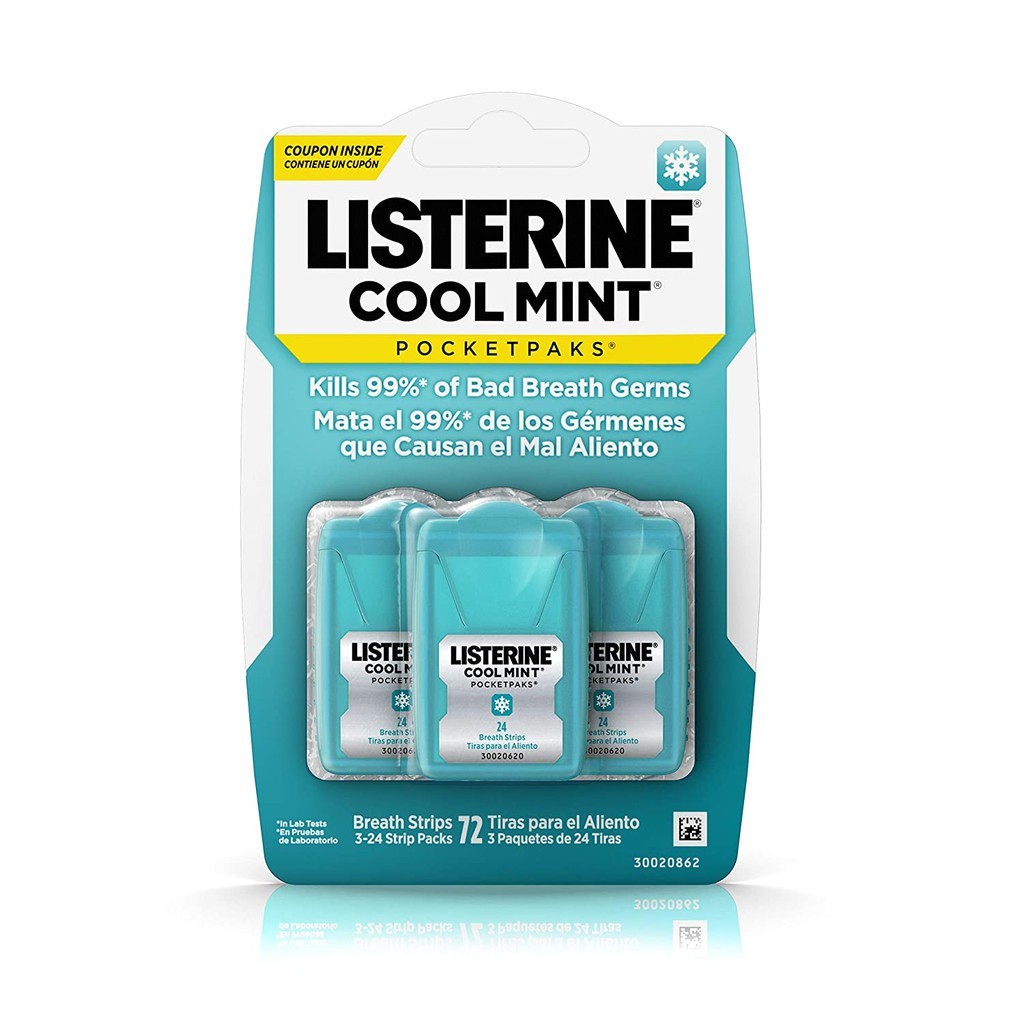 Listerine Pocketpaks Cool Mint- Breath Strips Kills Bad Breath Germs, 72-Strip per Pack