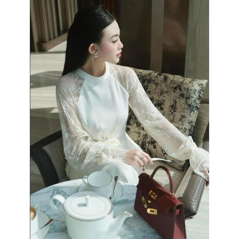 Shop_DD (พร้อมส่ง) vora141 Set เสื้อแขนยาว แต่งแขนลูกไม้ ช่วงเอวจับจีบเข้ารูป DD