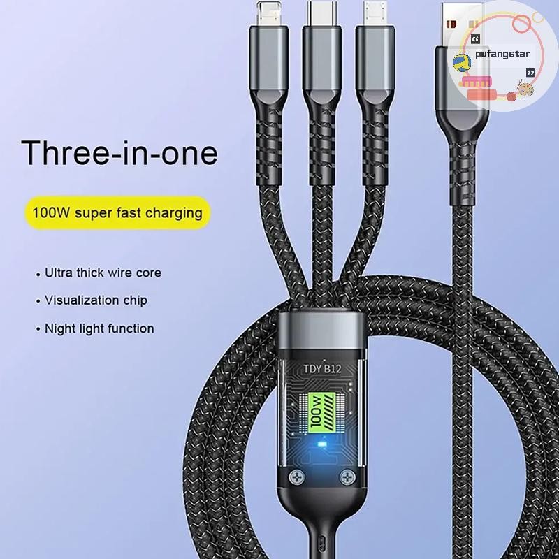 Pufangstar 100W Fast สายชาร์จ Multi Charger สายไนลอนถักหลาย USB Universal 3 In 1 สายชาร์จอะแดปเตอร์ Type-C Micro TH