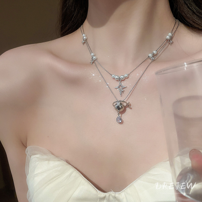 Drejew แฟชั่นเพชร-encrusted zircon pearl Awn star water drop สร้อยคอ niche คุณภาพสูงออกแบบ Clavicle 