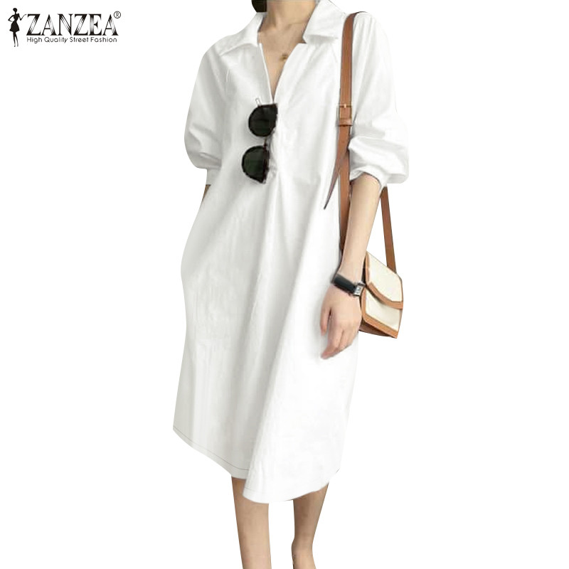 Zanzea ผู้หญิงแฟชั่นเกาหลี 3/4 Sleeve Turn-Down-Collar พร้อมเดรสกระเป๋า