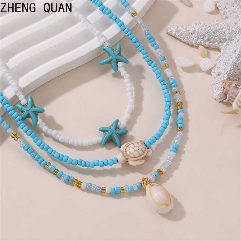 3 ชิ้น/เซ็ต Handmade ปลาดาว Sea Turtle Shell สร้อยคอที่มีสีสันลูกปัดสร้อยคอผู้หญิงเครื่องประดับชายหาดแฟชั่นวันหยุดของขวัญ Boho