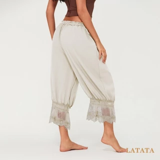 (จัดส่งในกรุงเทพฯ)Latata-Womens Cropped Pants Loose Mid Rise Patchwork Lace Lantern Pants Casual Streetwear