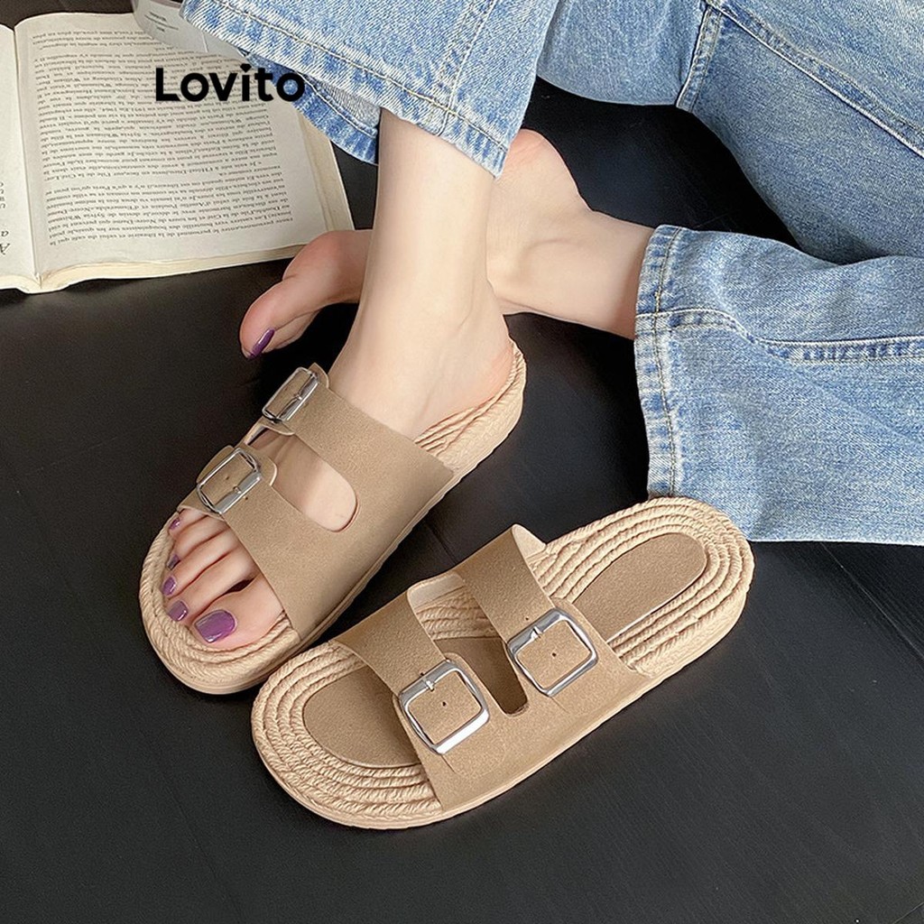 Lovito รองเท้าแตะส้นแบนแบบลำลองสำหรับผู้หญิง เชือกฟางถักเทียม หัวเข็มขัดเรียบ พื้นหนา สวมใส่สบาย สวมใส่ได้ทุกวัน LFA72244
