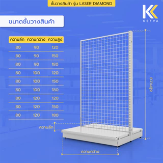 KEFVA โครงชั้นวางสินค้ามินิมาร์ท 1 ชั้นฐาน สองหน้า ชุดต่อ หลังตาข่าย สูง 120-180 cm รุ่น Laser Diamond รับนน. 40kg/ชั้น