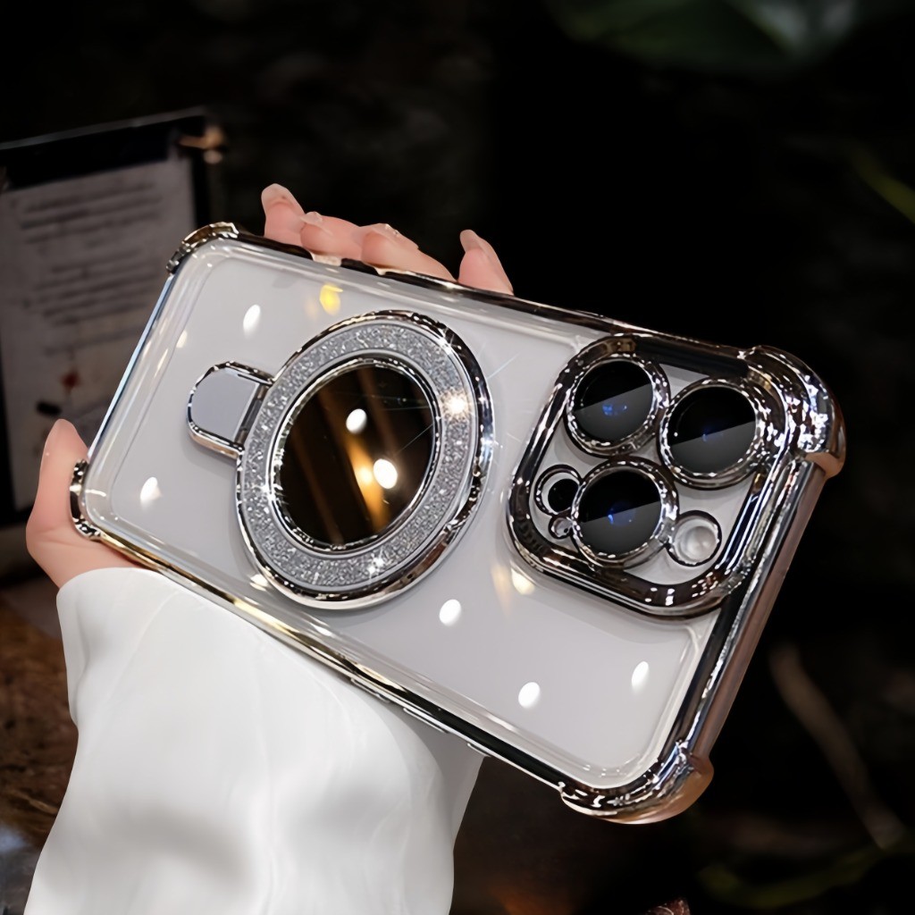 เคสยืนแวววาวชุบสําหรับ iPhone 16 15 14 Plus 13 12 11 Pro Max เคสแข็งอะคริลิคใสกันกระแทก - รูปที่ 3