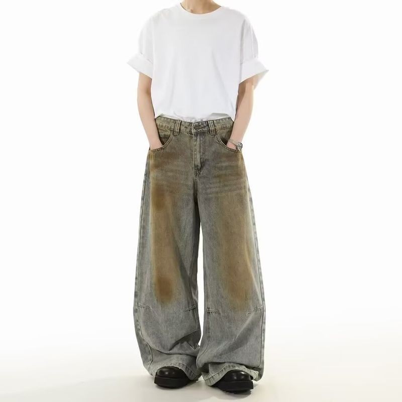 Zerotogue กางเกงยีนส์ผู้ชาย American Retro Washed Distressed Dirty Dyed Loose Straight Mopping Pants