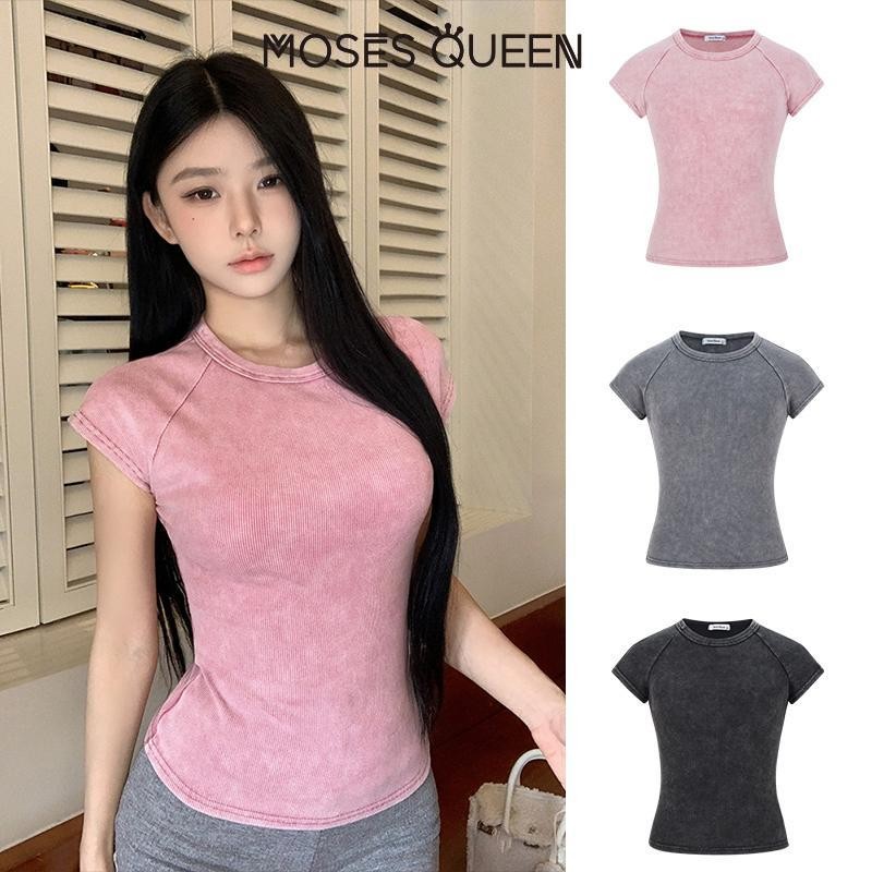 MOSESQUEEN 2025 ใหม่ Retro Crew คอ Vintage Washed Ragged แขนผ้าฟอก Denim เสื้อยืดแขนสั้นสําหรับผู้หญิง | เสื้อท็อปลําลองอเนกประสงค์สีทึบนุ่ม | เสื้อยืดแฟชั่นฤดูร้อน# 62820 #