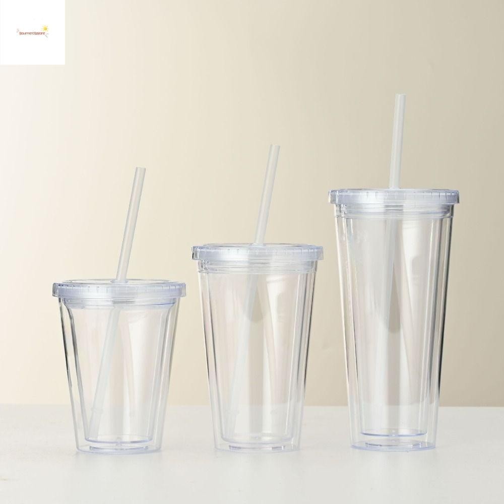 ขวดน้ํา GOURMETGALORE, 350/450/650ml แก้วน้ําใสสองชั้น, Drinkware พร้อมฝาปิดและฟางพลาสติกใสถ้วยกาแฟเย็นใช้ในบ้าน
