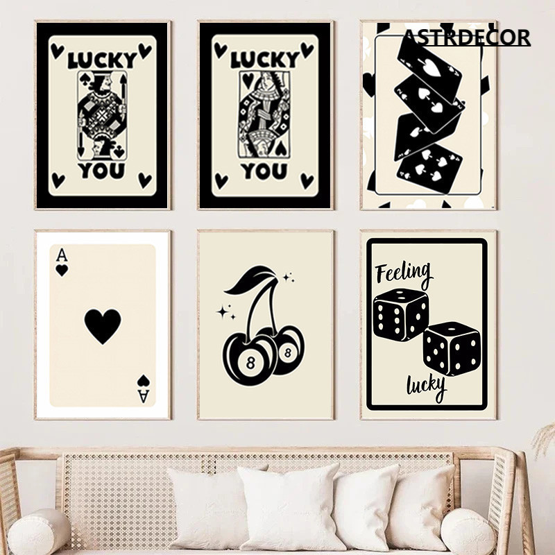 Black Lucky Queen Card Ace of Spades เชอร์รี่โปสเตอร์ Nordic บทคัดย่อผ้าใบภาพวาด Room Wall Art ความงามภาพตกแต่งบ้าน