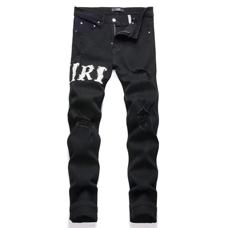 Tianlesiwei High Street แฟชั่นแบรนด์ใหม่ปักกางเกงยีนส์ผู้ชายสีดํา Ripped Patch ยืด Slim Fit