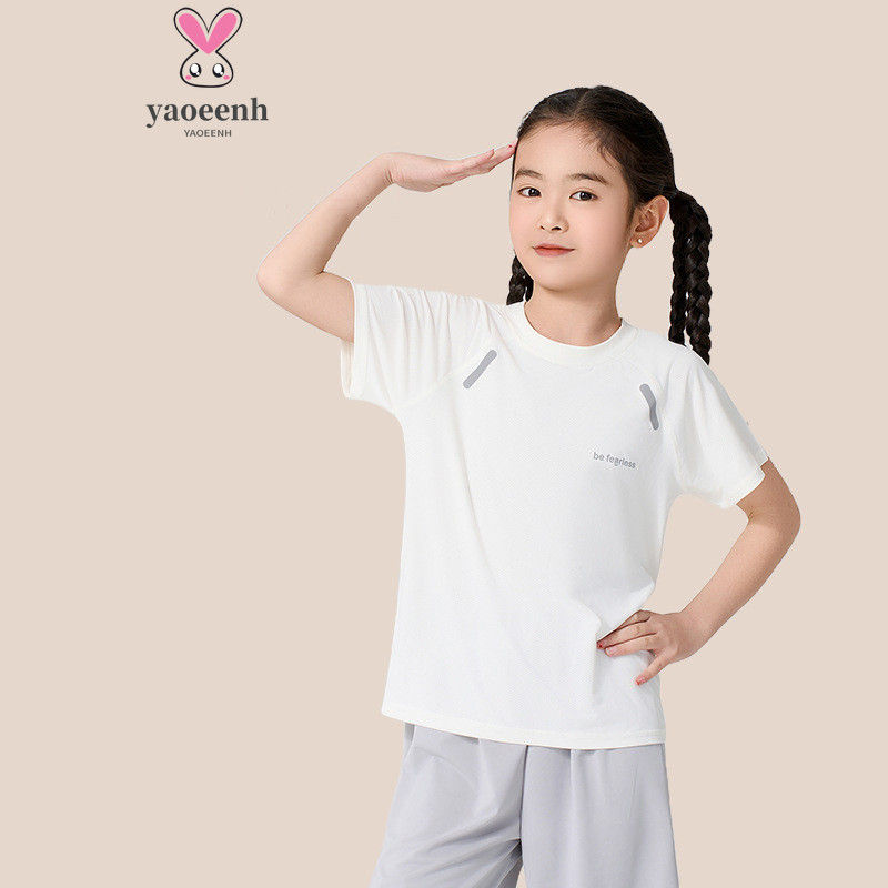 【YAOEENH】100-170เซนติเมตรฤดูร้อนชายหญิงหลวมสบายๆสูทขนาดกลางขนาดใหญ่เด็กตาข่ายระบายอากาศแขนสั้นกางเกงขาสั้นกีฬาชุดสองชิ้นพร้อมสต็อกจัดส่งที่รวดเ