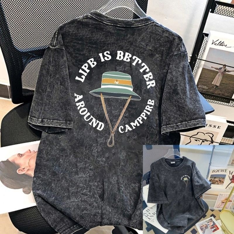 (จัดส่ง 24 ชม.) เสื้อยืดฟอก oversize ผ้าฝ้าย 100% โอเวอร์ไซซ์ สีดําเข้ม สไตล์ฮิปฮอป เรโทร เสื้อยืดชายและหญิง