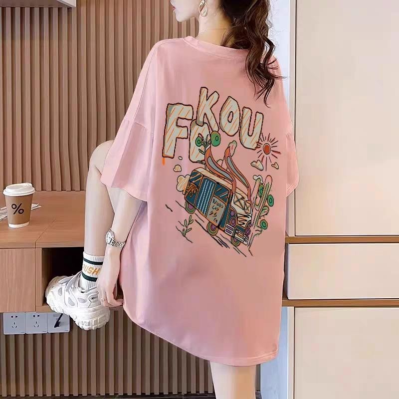Basi💥 ผู้หญิง เสื้อยืด oversize เกรดพรีเมียม เสื้อคอตตอน100% ไม่หดตัว ใส่สบาย การ์ตูนน่ารัก ลาย "FDKOU Cart"