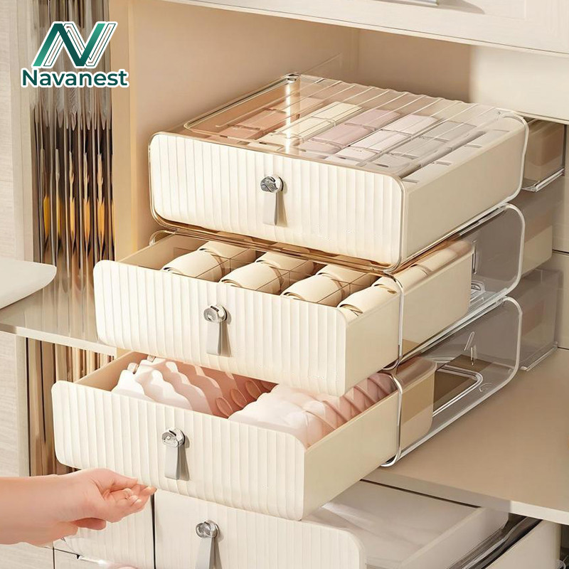 Navanest กล่องใส่ชุดชั้นใน จัดระเบียบตามช่อง ประหยัดพื้นที่ รูปแบบลิ้นชัก วางซ้อนกันได้ กล่องจัดระเบ