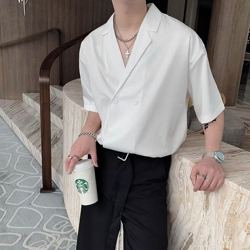 Mid-leeve Standard Men Harajuku Shirt ins Temperament Youth Popular Solid Color Trend All-Match
