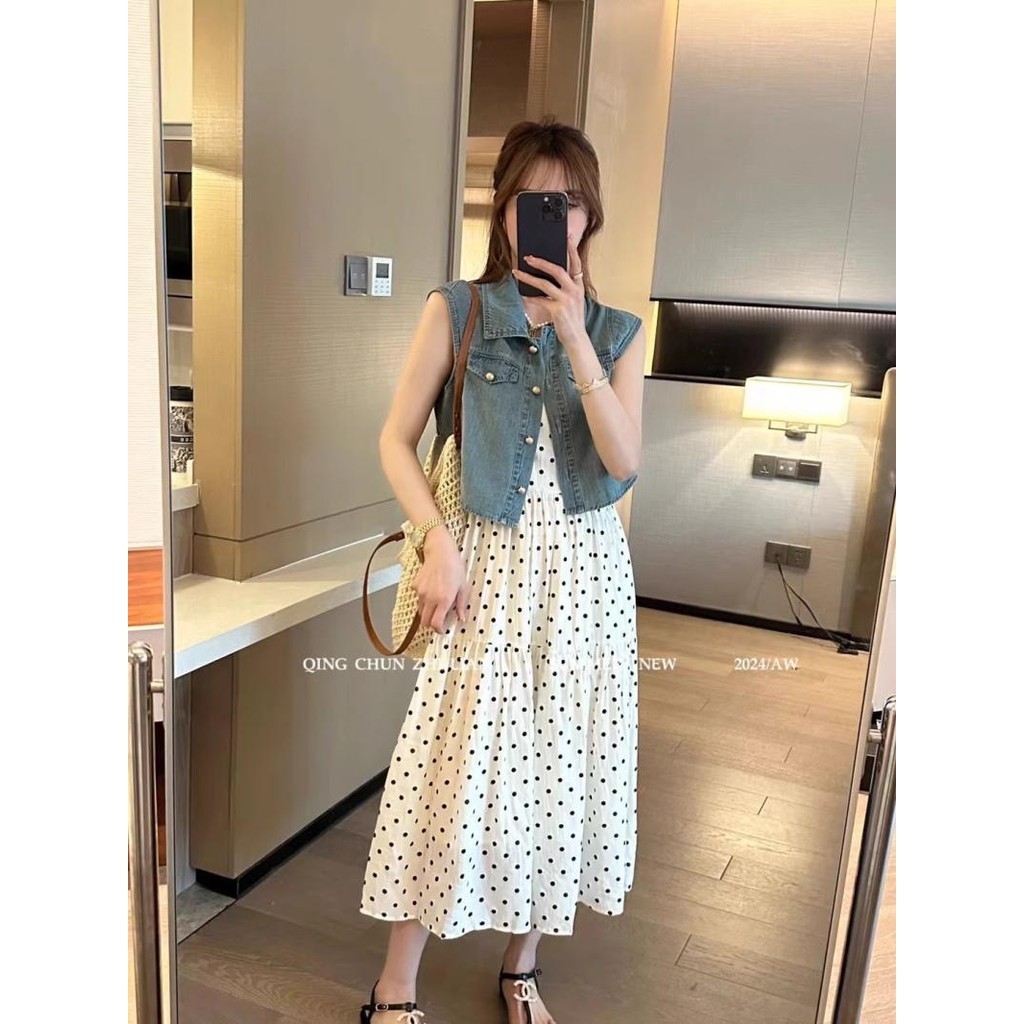 เสื้อแจ็กเก็ตยีน คอปกโปโล กระดุมแถวเดียว และชุดเดรสสายเดี่ยว แฟชั่นฤดูร้อน K44B