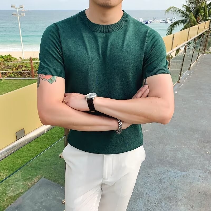 เสื้อยืดกันหนาว ผ้าเรยอนถัก ผ้าตาข่าย สไตล์เกาหลี แฟชั่นฤดูร้อน สําหรับผู้ชาย 2025