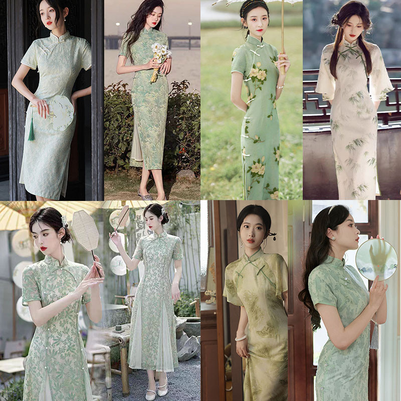 เก่าเซี่ยงไฮ้ที่ดีขึ้น ชุดกี่เพ้าของจีน ยาวพิมพ์ย้อนยุคสีเขียวที่เรียบง่ายสง่างามชุดเสื้อผ้าแบบดั้งเดิมสวมใส่ในชีวิตประจำวันสำหรับผู้หญิง