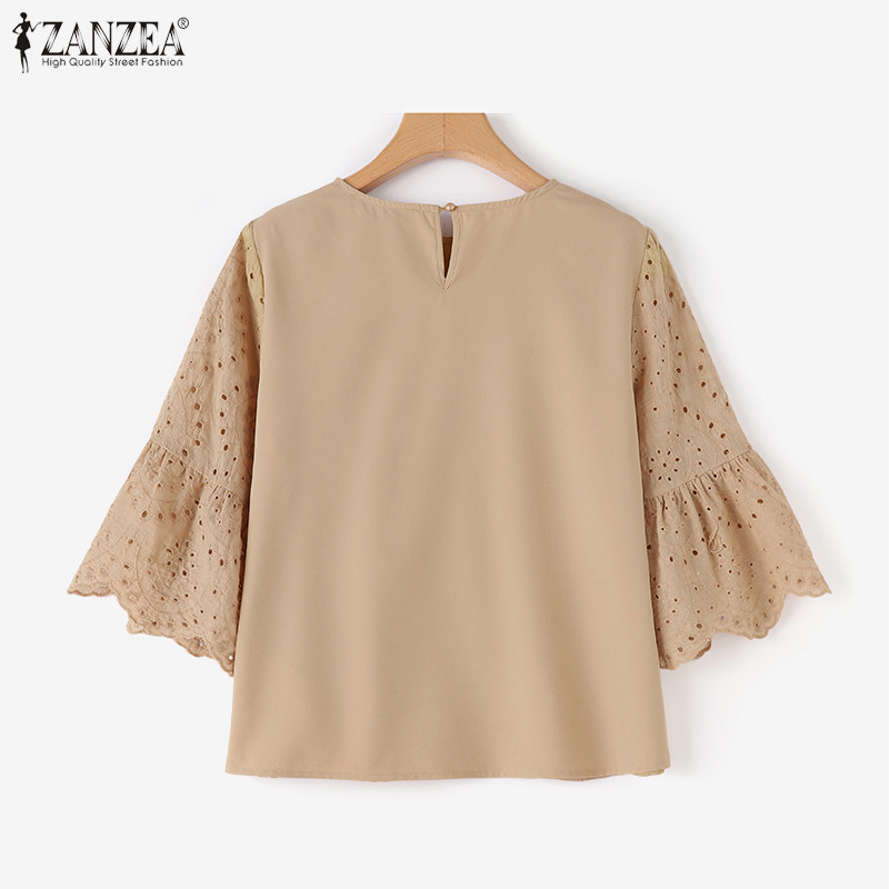 Zanzea เสื้อเบลาส์ลําลอง ผ้าฝ้าย แขน 3/4 คอกลม ปักลายลูกไม้ สไตล์เกาหลี สําหรับผู้หญิง - รูปที่ 7