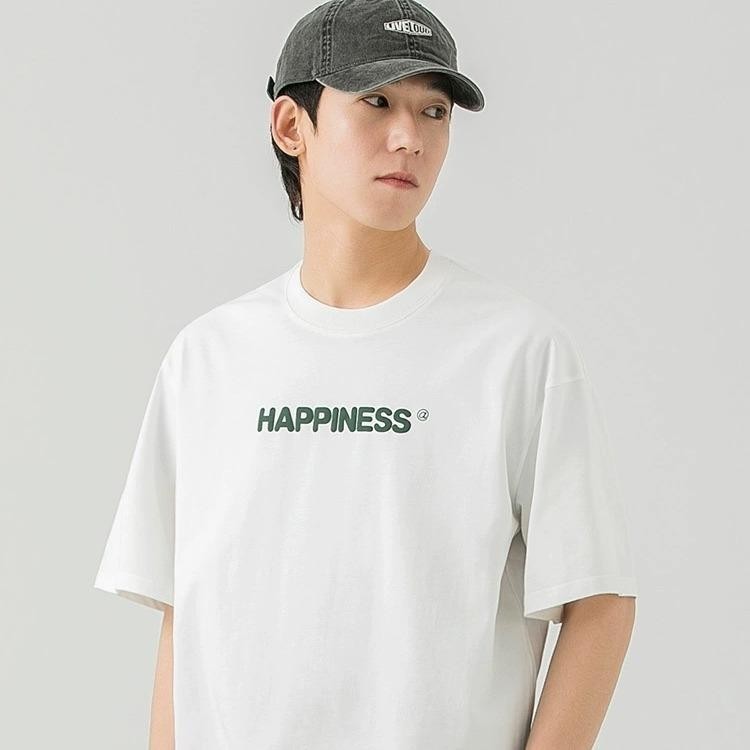 [UT]พร้อมส่ง เสื้อยืด โอเวอร์ไซส์ ผู้ชายและผู้หญิง ลาย "HAPPINESS" เสื้อยืดผ้าคอตตอน ผ้าฝ้ายใส่สบาย สไตล์เกาหลี มินิมอล