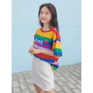 Shop_mklพร้อมส่ง🚚 เสื้อยืดลายทาง สีรุ้ง ทรงหลวม ขนาดใหญ่ใส่สบาย สำหรับผู้หญิง #9024