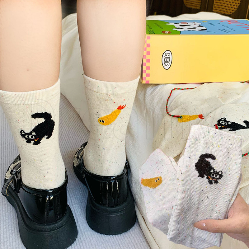ถุงเท้าข้อกลาง ผ้าฝ้าย และโพลีเอสเตอร์ ลายการ์ตูนสัตว์ และแมวน่ารัก ระบายอากาศได้ดี สไตล์ญี่ปุ่นวินเทจ แฟชั่นฤดูใบไม้ผลิ และฤดูใบไม้ร่วง