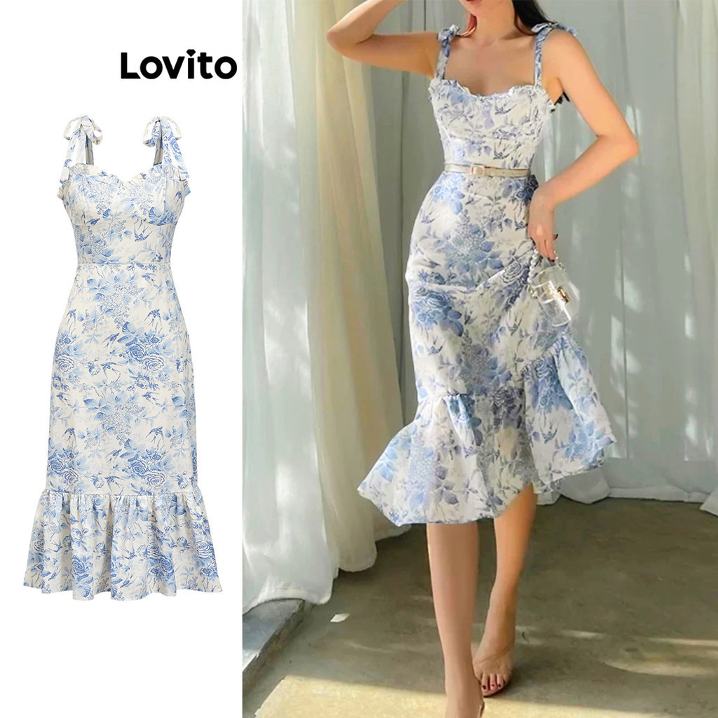 Lovito ชุดเดรสผู้หญิง มีสายผูก แต่งระบาย ลายดอกไม้ สไตล์ลำลอง L86ED189